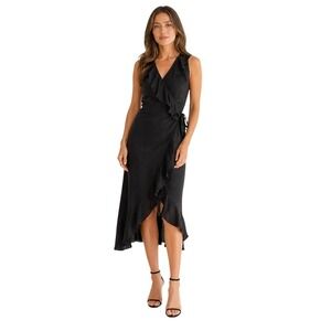 Sara Campbell Black Linen Wrap Dress Size 6 Quiet Luxury Minimalist Ruffle Midi